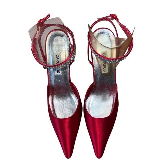 Capparos Red Silk Zonk Pointed stone Heel with Beaded Ankle Strap Wmn Sz 10 READ - Picture 4 of 13